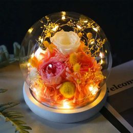 Decorative Objects Figurines Wedding decoration Eternal rose LED light glass cover with flowers Mothers Day gift birthday party Valentines H240521 UOR4