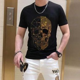 Men's T-Shirts T-shirt Mens Rhinestone Skull Personty Summer Brand Mercerized Cotton High Quty Short Slve Round Neck Ts Male Top T240522