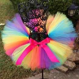 Skirts Rainbow Tutu Skirt Baby Girls Handmade Tulle Skirts Ballet Dance Pettiskirts Tutus with Pink Ribbon Bow Kids Party Costume Skirt Y240522
