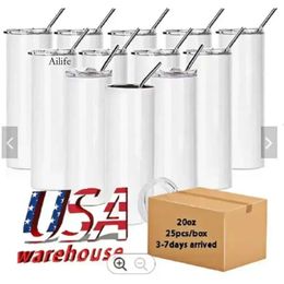 ship from usa 20Oz Sublimation Tumblers With Plastic Straw Stainless Steel Straight Blank Coaster Mugs Outdoor Doubel Wall Thermos Cups Us/Ca Local Warehouse 0522