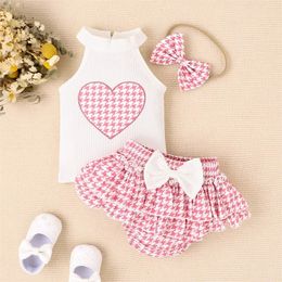Citgeett Summer Infant Baby Girl Summer Outfits Sleeveless Heart Embroidery Tops Shorts Headband Set Pink Clothes 240522