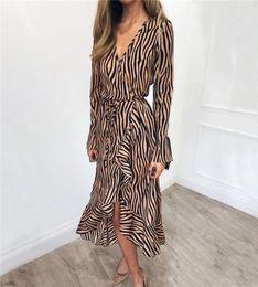Summer Long Dresses 2019 Women Zebra Print Beach Chiffon Dress Casual Long Sleeve V Neck Ruffles Elegant Party Dress Vestidos4625225