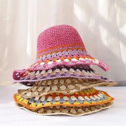 Wide Brim Hats Women Sun Colourful Handmade Crochet Hollowed Paper Straw Vacation Big Field Beach Flower Bucket Hat