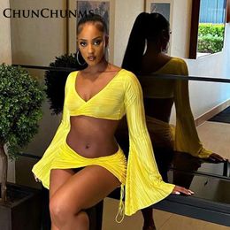 Work Dresses Sexy Beach Wear Crop Top Long Flare Sleeve Mini Skirt Set Two Piece Women Outfit Drawstring V-neck T-shirt Pleated Skirts Suit
