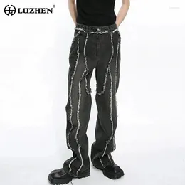 Men's Jeans LUZHEN Elegant Ragged Spring Stylish Stripe Straight Edge Splicing Design Washed Old Denim Pants 2024 Fashion 9C5094