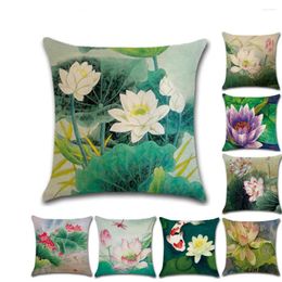 Pillow Decorative Throw Pillowcase Ink Lotus Cotton Linen Cover Chinese Style Hand-painted Pen For Sofa Home Decor