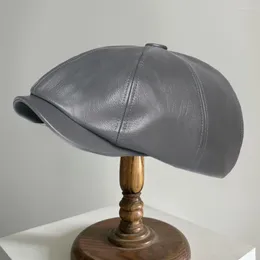 Berets Men Beret Hat Wide Brim Round Dome Windproof Male Retro Octagonal Painter Faux Leather Cap Fashion Accessories