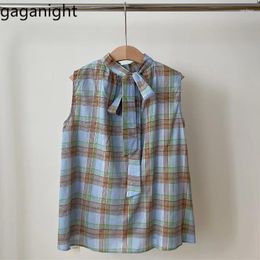 Women's Blouses Gaganight Women Japanese Plaid Halter Neck Sweet Shirt 2024 Summer Chic Contrasting Strap Sleeveless Cute Female