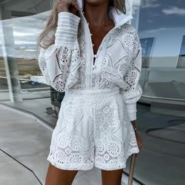 Vintage Single Breasted White Lace Women Shorts Sets Spring Long Sleeve Casual Party 2 Pcs Outfits Femme Suit Summer 240516