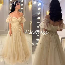 Light Charmgne Florals Prom Dresses 2024 Elegant Off Shoulders A Line Bespoke Evening Dress Tulle Floor Length Backless Special Occasion Birthday Party Gowns Sexy