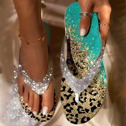 Women Flip Flop Slippers Slides Leopard Rhinestone Ladies Shoes Summer Casual Beach Open Toe Soft Flat Bottom Female Slides 240516