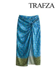 Skirts TRAFZA Women Summer Fashion Long Print High Waist Pleated Slit Decorate Zipper Female Bohemian Style Mid-Calf Skirt