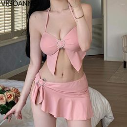 Women's Swimwear VigoAnne Pink Tied Halter 3PCS SOlid Verge Skirt Bikini Set Women 2024 Sexy Push Up Korean Swimsuit Backless Summer Bathing