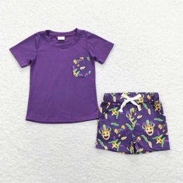 Clothing Sets Wholesale Toddler Baby Boy Mardi Gras Kids Short Sleeves Cotton Purple T-shirts Tee Children Pocket Shorts Outfit