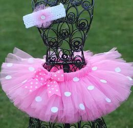 Skirts Girls Pink Tutu Skirts Baby Handmade Tulle Pettiskirt with White Dots Bow and Flower Headband Kids Ballet Dance Tutus Cloth Y240522