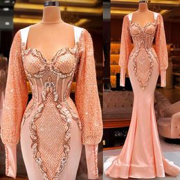2021 Plus Size Arabic Aso Ebi Luxurious Mermaid Sexy Prom Dresses Lace Beaded Long Sleeves Evening Formal Party Second Reception Gowns 351M