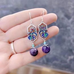 Dangle Earrings In 925 Silver Vintage Cloisonne Craft Enamel Colored Lotus Leaves Natural Purple Dragon Crystal For Women Jewelry