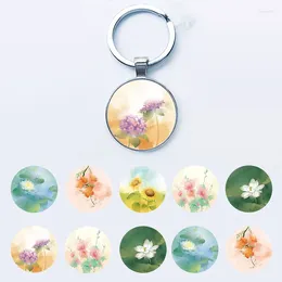 Keychains Simple And Beautiful Flower Round Glass Key Chains Various Plant Painting Pattern Metal Base Jewellery Gifts FHL656