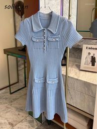 Party Dresses Women Diamond Buckle Knit Blue Mini Dress 2024 Turn Down Collar Ladies Short Sleeve Pleated A-line Knitted C-013