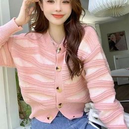 Women's Knits Kawaii Knit Tops For Woman Short Pink Cardigan Sweater Cute Crop Striped Modern Streetwear Crochet Offers