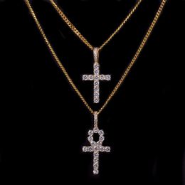 Iced Zircon Ankh Cross Necklace Jewelry Set Gold Silver Copper Material Bling CZ Key To Life Egypt Pendants Necklaces 233S