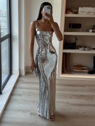 Sexy suspender strapless silver Maxi womens dress 2024 fashionable high waisted tight sleeveless long robe womens evening dress 240509