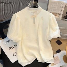 Women's Blouses Short Sleeve Shirts Women Hollow Out Elegant Summer Embroidery Chinese Skin-friendly Breathable Aesthetic Faddish Blouse