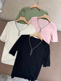 Women's T Shirts Early Spring Slim V-neck Bead Chain Silk Wool Short Sleeved Blouse