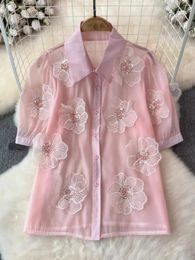 Women's Blouses Chic Design Sweet Three-dimensional Flower Appliques Chiffon Women Shirt Fashion Transparent Sequins Deco Versatile Tops