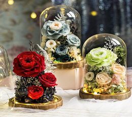 Eternal Flower Handmade Preserved Real Rose Glass Cover Holder Immortal Flowers Valentines Day Birthday Gifts Wedding Supplies6776442