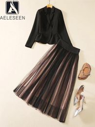 Work Dresses AELESEEN Office Ladies 2 Pieces Set Autumn Winter Vintage Black Blazer Grandient Waist Elstic Mesh Skirt Elegant