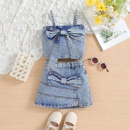 Clothing Sets 1-6Y Little Girl Denim Outfit Set Bow Square Neck Spaghetti Strap Tops Split Hem Skirt Summer Fashion Girls