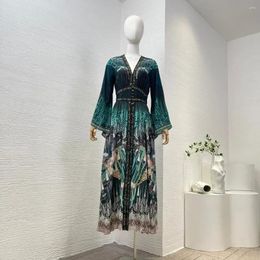 Casual Dresses High Quality Silk Diamonds Pressed Green Printing Buttons Long Sleeve V Neck Midi Dress For Women