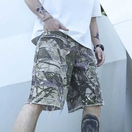 Men's Shorts Mens Graffiti Ripped Short Jeans 2023 Summer New Fashion Casual Slim Big Hole Retro Style Denim Shorts Male Brand Clothes J240522