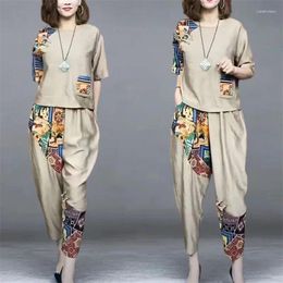 Women's Two Piece Pants Leisure Set Ladies Large Size Outfit 2024 Summer 2PCS Ethnic Wind Suit Cotton Linen Two-Piece Women Short-Sleeved