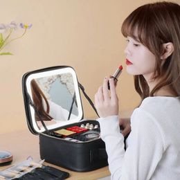 Smart Led Makeup Bag With Mirror Large Capacity Professional Waterproof Pu Leather Travel Cosmetic Case For Women 240510