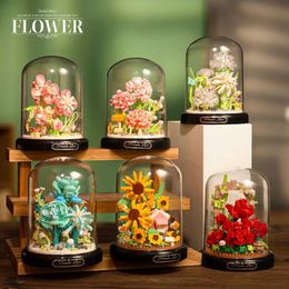 Decorative Objects Figurines Rose bouquet building block eternal bonsai dust cover model kit plastic plant brick home decoration Mothers Day birthday gift H240522