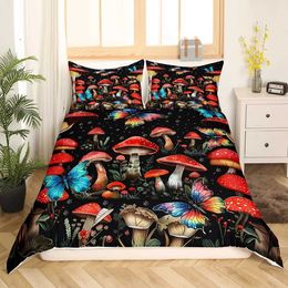 Bedding sets Red Mushroom Kawaii Comforter Set Twin Size Kids Botanical Plant Theme Print Quilt Bed for Boys Girls Adults H240521 1XRD