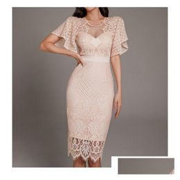 Basic Casual Dresses Summer Women Y Elegant Lace Hollow Out See Through Pencil Dress New Fitted Solid Color Korea Sheath Vestidos Drop Dhp6M
