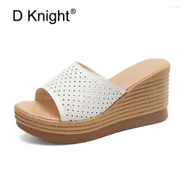Slippers Women Open Toe Wedes Fashion Cut-outs Platform High Heels Wedge Slides Comfortable Lady Cow Leather Beach