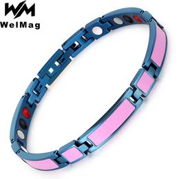 Welmag Stainless Steel Bracelet For Women Health Blue Pink Bend Magnetic Therapy Bio Energy Relief Wrist Pain 240515
