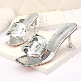 Slippers Big Size 35-42 Crystal Heel Sexy Women Gold Silver Patent Leather Square Toe Party Dress Woman High Heels Shoes Sandals