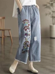 Women's Jeans Women 2024 Summer Embroidery Slim-type Denim Pants Ladies Retro Elastic Waist Holes Ankle-Length Trousers