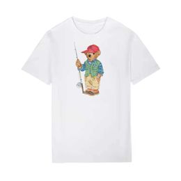 Men's T-Shirts RL Fashion Casual Mens T-shirt Fishing Bear Print Mens Luxury Brand Short Sleeve New High Quality Youth Unique Womens Top Q240521