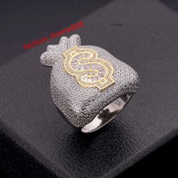 2024 Hip Hop Iced Out Cz Moissanite Diamond Baguette Money Bag Dollar Symbol Sign 14k Gold Plated Rapper Fashion Jewellery Rings m