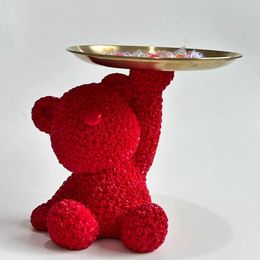 Action Toy Figures Home Ornaments Rose Bear Sculpture Storage Tray Living Room Bedroom Accessories Desktop Decoration Resin Craft Gifts Decor H240522