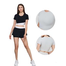 Women Yoga Cross Crop Tops T Shirt Scoop Neck padded Workout Running Short Sleeve Athletic Gym Workout Fashion Sexy Cute