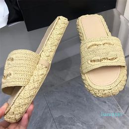 women thick sole braid slippers summer outside walking open peep toe flat with female summer vacation beach classic brand designer slippers