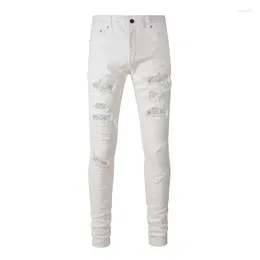 Men's Jeans White Beige Skinny Stretch Crystals Streetwear Rhinestones Patchwork Come With Original Tags