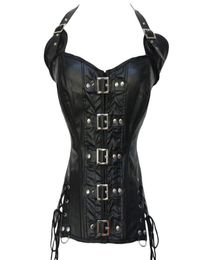 Women Steampunk Leather Corsets Lingerie Sexy Clubwear Gothic Buckles Halterneck PU Leather Black Bustier Corsets with Buckles and8721702